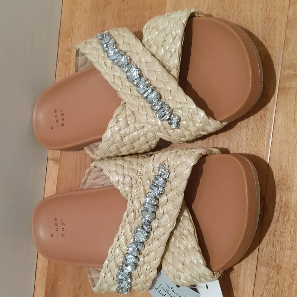 ✅NWT A New Day Woven Knit Slip on sandals 11 Tan Y2K Bling